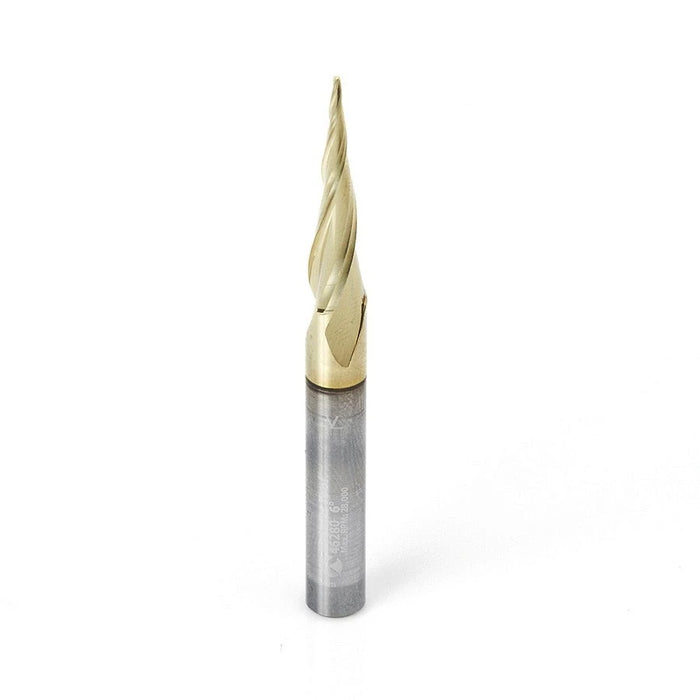 Amana Tool 46280 CNC 2D and 3D Carving 6.2 Deg Tapered Angle Ball Nose x 1/32 D x 1/64 R x 1 CH x 1/4 SHK x 3 Inch Long 