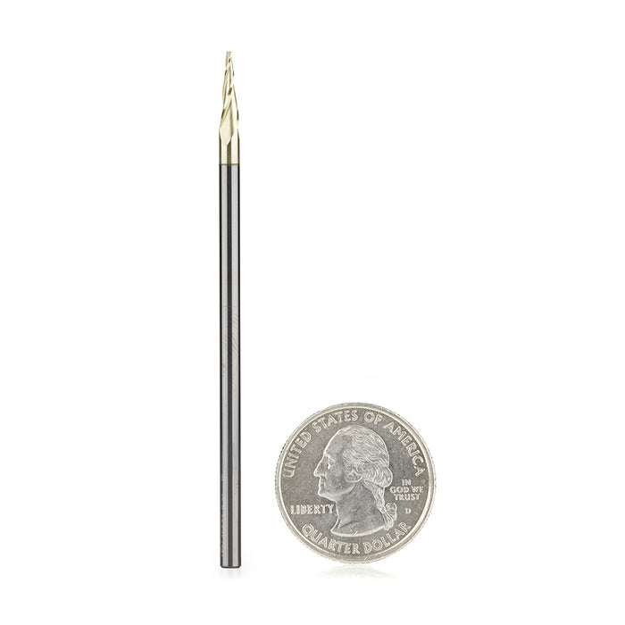 Amana Tool 46571 CNC 2D and 3D Carving 6.2 Deg Tapered Angle Flat Bottom x 1/32 D x 1/64 R x 0.445 CH x 1/8 SHK x 3 Inch