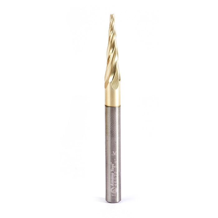 Amana Tool 46572 CNC 2D and 3D Carving 5.4 Deg Tapered Angle Flat Bottom x 1/16 D x 1 CH x 1/4 SHK x 3 Inch Long x 4 Flu