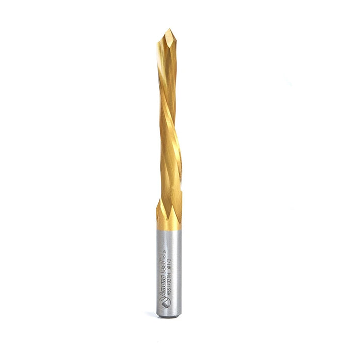 Amana Tool HSS1702TIN TiN Coated Single Flute 1/2 D x 2-1/2 CH x 1/2 SHK x 5-1/2 Inch Long HSS Down-Cut Door Bit for RUV