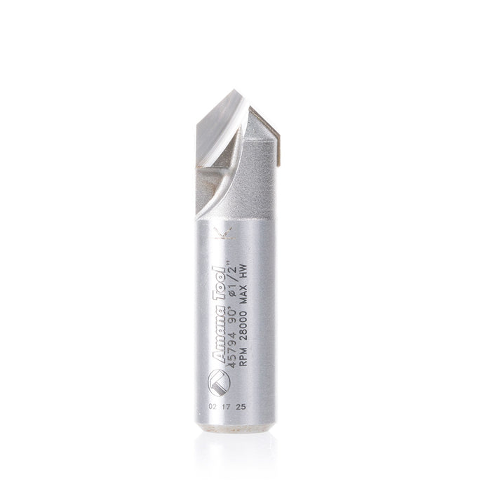 Alt Text: Amana 45794 Carbide Double-Edge V-Groove Router Bit 90° for CNC folding and ACM panels
