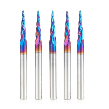 Amana Tool 46282-K-5 5-Pc CNC Solid Carbide Spektra Extreme Tool Life Coated Tapered Spiral 2D/3D Carving 1/16 Dia x 1/4 Inch SHK Router Bit Pack
