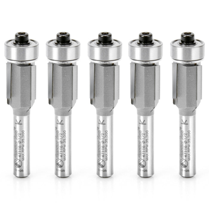 Amana Tool 47116-5, 5-Pack Carbide Tipped Flush Trim 1/2 D x 1/2 CH x 1/4 Inch SHK w/ Lower Ball Bearing 3-Flute Router 