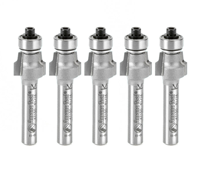 Amana Tool 47150-5, 5-Pack Carbide Tipped No-File Trim .059 R x 1/2 D x 3/8 CH x 1/4 Inch SHK w/ Lower Ball Bearing Rout