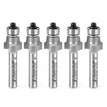Amana Tool 47154-5, 5-Pack Carbide Tipped No-File Trim .015 R x 1/2 D x 3/8 CH x 1/4 Inch SHK w/ Lower Ball Bearing Router Bits