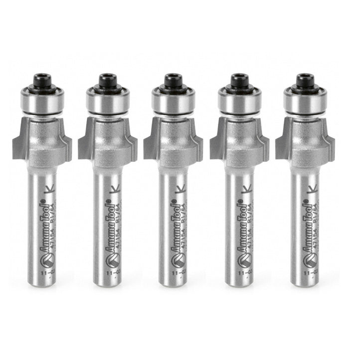 Amana Tool 47154-5, 5-Pack Carbide Tipped No-File Trim .015 R x 1/2 D x 3/8 CH x 1/4 Inch SHK w/ Lower Ball Bearing Rout