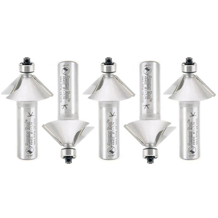 Amana Tool 49402-5, 5-Pack Carbide Tipped Chamfer 45 Degree x 1-1/4 D x 1/2 CH x 1/2 Inch SHK w/ Lower Ball Bearing Rout