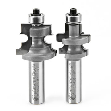 Ensemble de 2 fraises pour plancher Amana Tool 55456, à plaquettes au carbure, diamètre 1-13/64 po, hauteur de coupe 15/16 po, queue 1/2 po, avec rainure pour clou et roulement à billes inférieur, pour matériaux de 5/8 à 3/4 po
