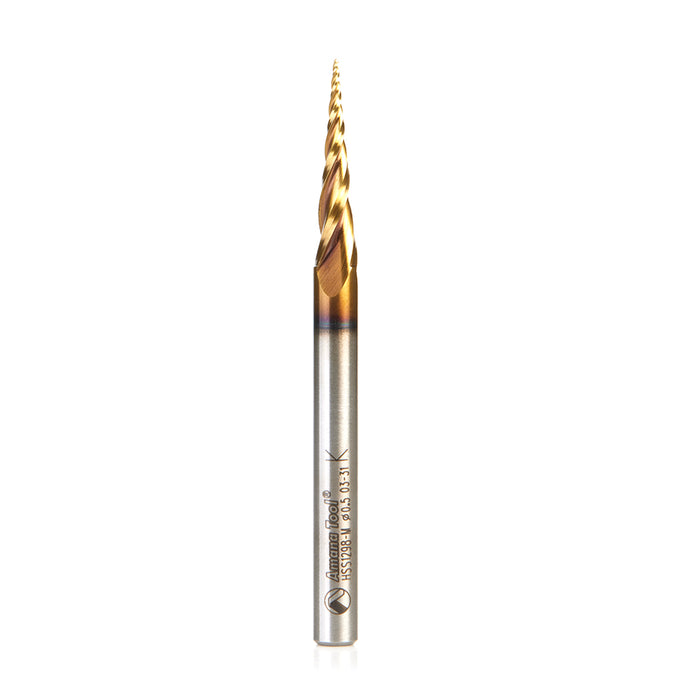 Amana Tool HSS1298-M CNC 2D and 3D Carving Ball Nose 5.8 Deg Tapered Angle x 0.5mm Dia x 0.25mmRadius x 26mm CH x 6mm Sh