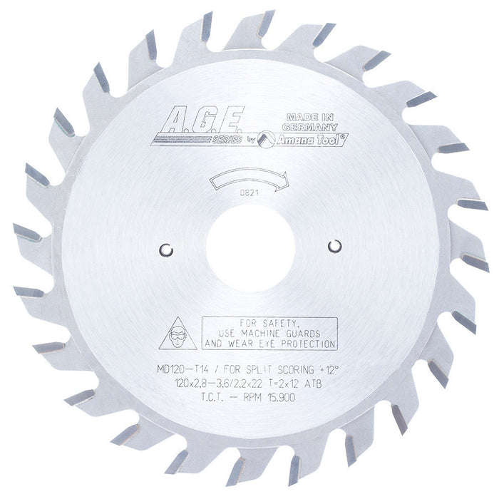 Amana Tool A.G.E.® MD120-T14 Scoring Saw Blade - 120mm x 12T, 22mm Bore - official product photo
