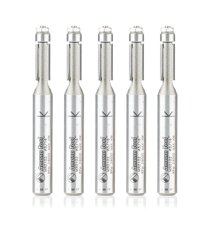 Amana Tool MR0102-5, 5-Pack Miniature 3/16 D Flush Trim with 3/16 D BB- Eliminates Burn Marks (Burnout) Caused by Brass 